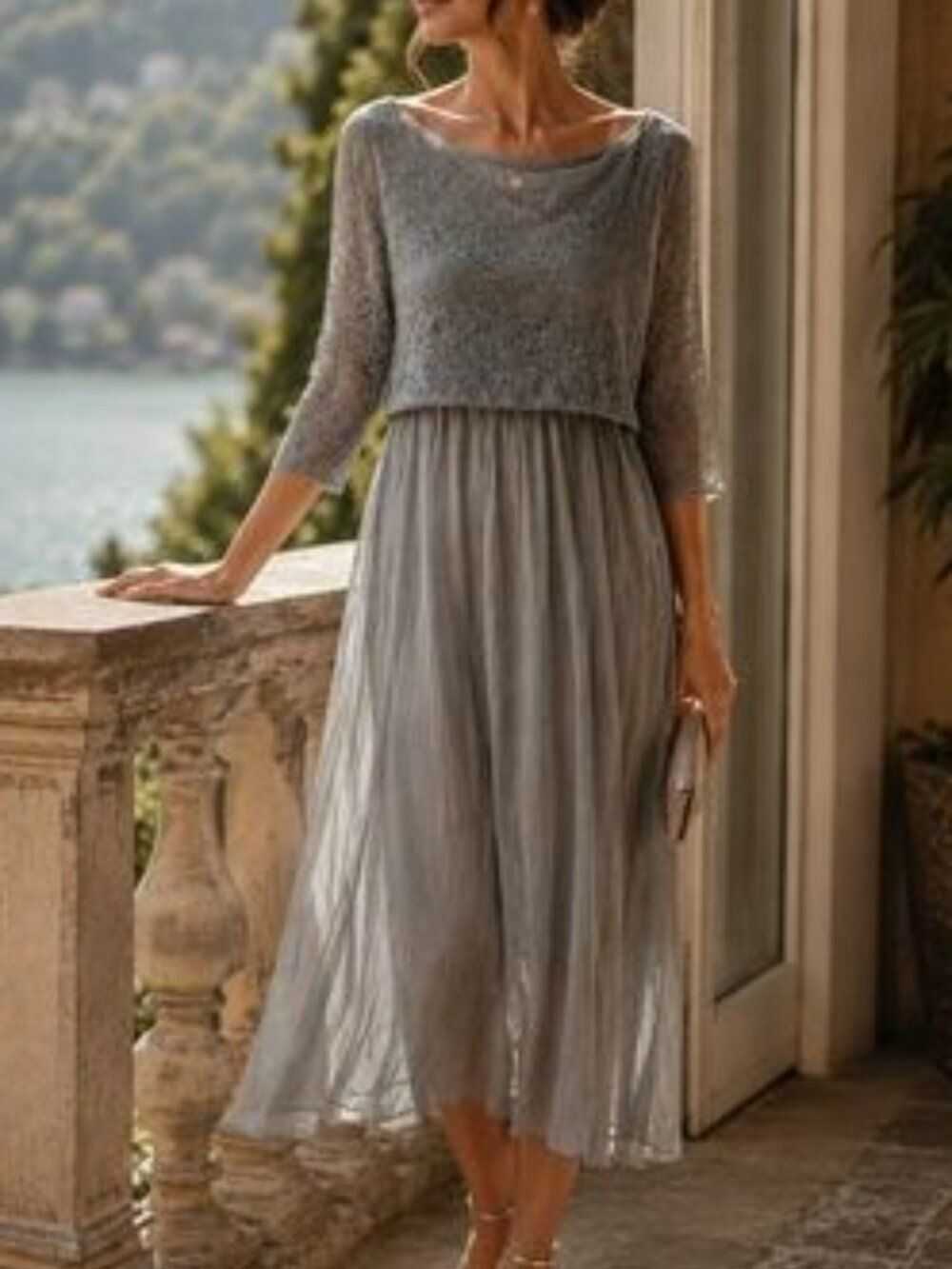 Amanti Quiet Luxury Slate Grey Italian Lace Top Silk Body Dress Sz M Coastal